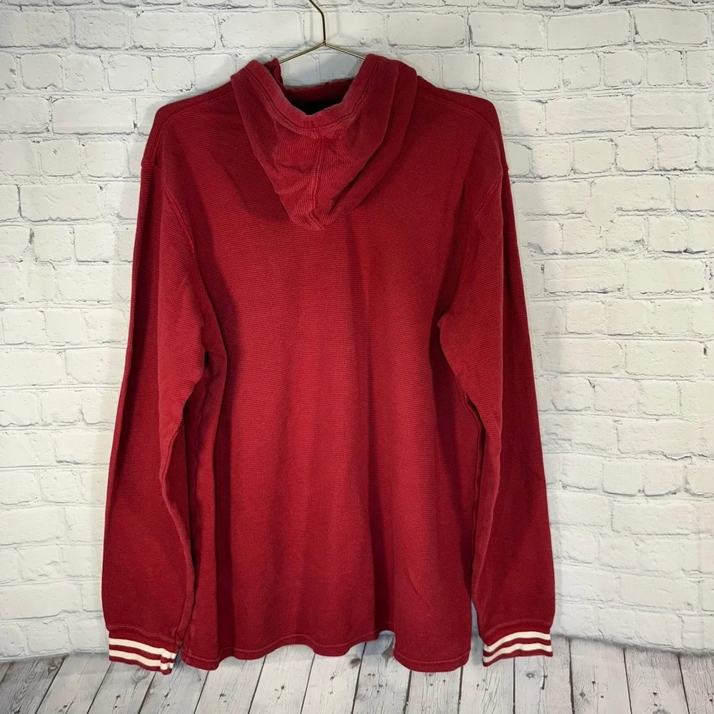 Polo Ralph Lauren Mens Red Waffle Knit Thermal Hoodie Striped Cuffs Large